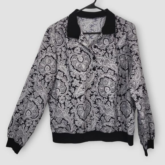 Vintage Top Womens Size Large Black White Paisley Polo Collar Pullover 8… - Picture 1 of 10